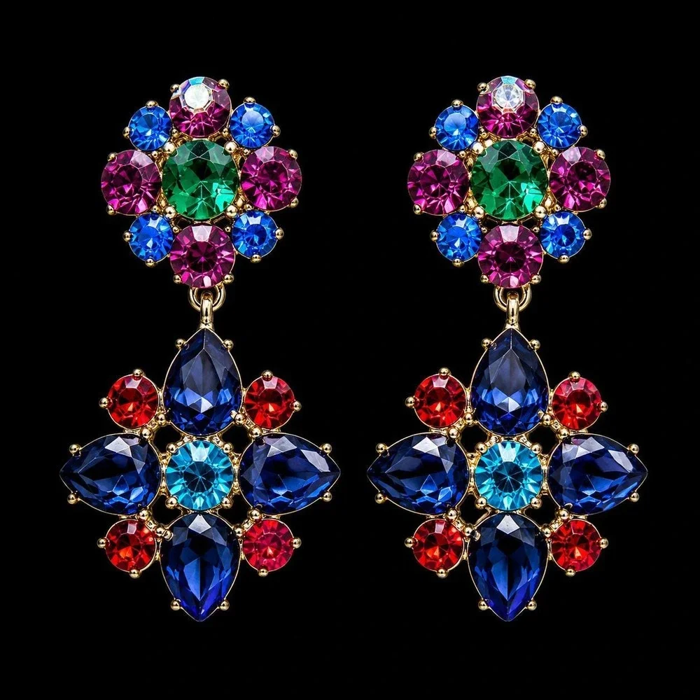 Vintage Y2K Monet Multicolor Crystal Statement Earrings Sample One of a Kind